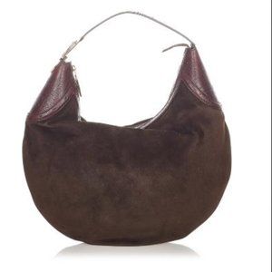 GUCCI Brown Half Moon Suede Hobo Glam Purse With Horsebit Embossed Leather Trim